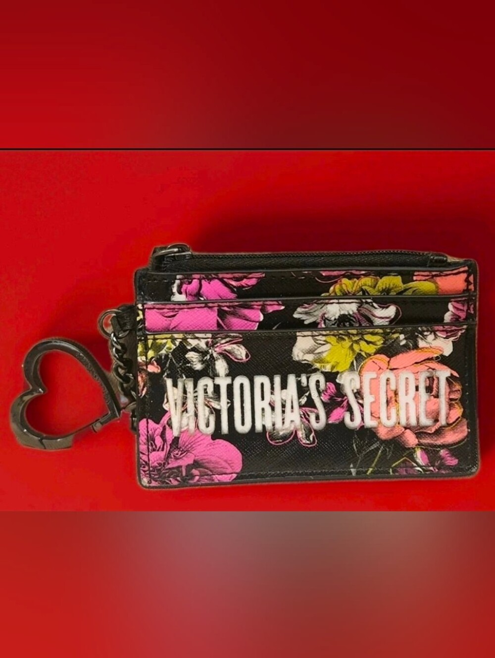 Victoria's Secret Black Floral Crossbody Card Holder with Pink and Yellow Blooms